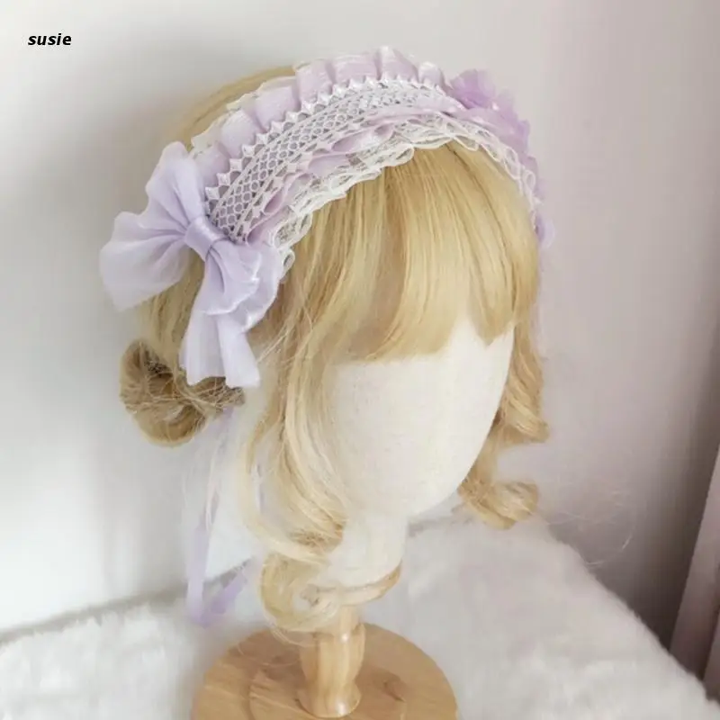 

Girls Ruffles Lace Flower Headwear Multilayered Lace with Ribbon Bowknot Adorn Headband Maid Anime Lolita Hair Ornaments