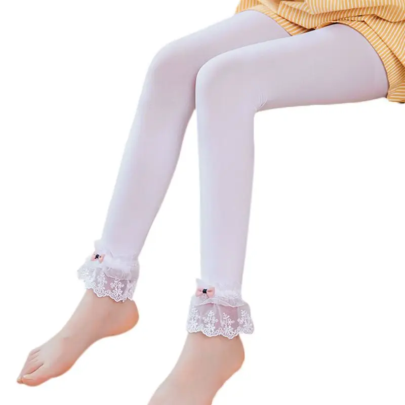 Леггинсы для девочек с кружевной отделкой и бантом Длина до щиколотки Однотонные