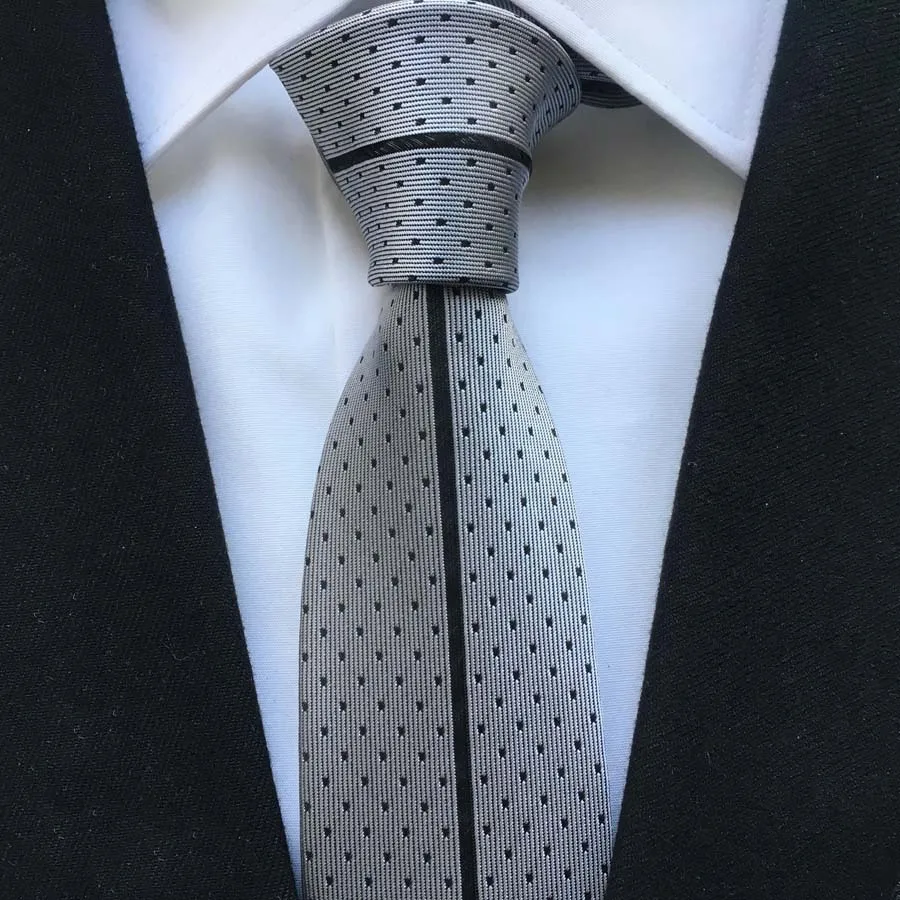

2021 Men's Ties Jacquard Woven Neck Tie Designer Panel Neckties Silver with Black Stripe Dots
