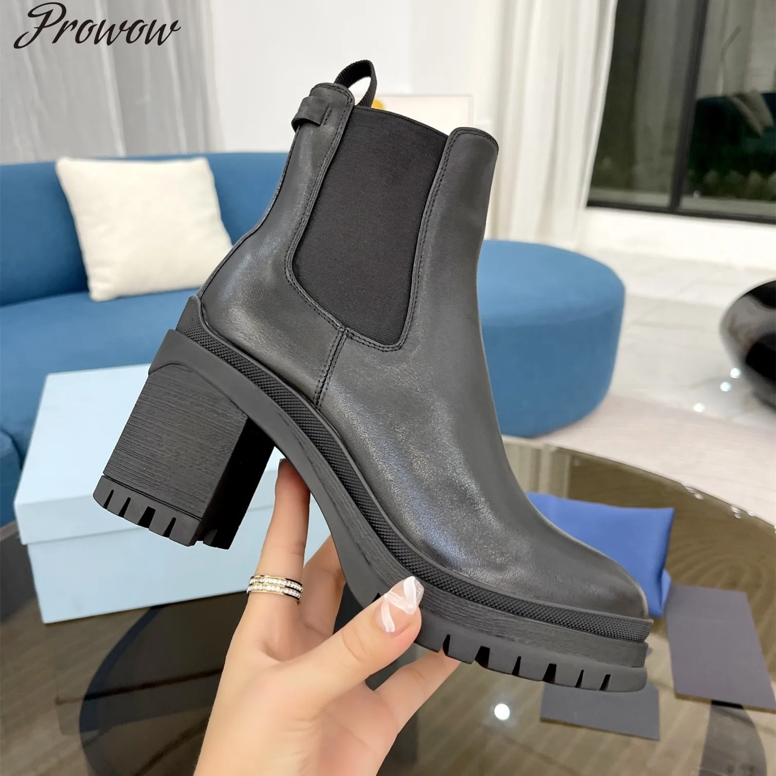 

Prowow Chunky High Heels Shoes Women New Winter Genuine Leather Platform Short Boots Slip-on Designer Shoes Size 35-41