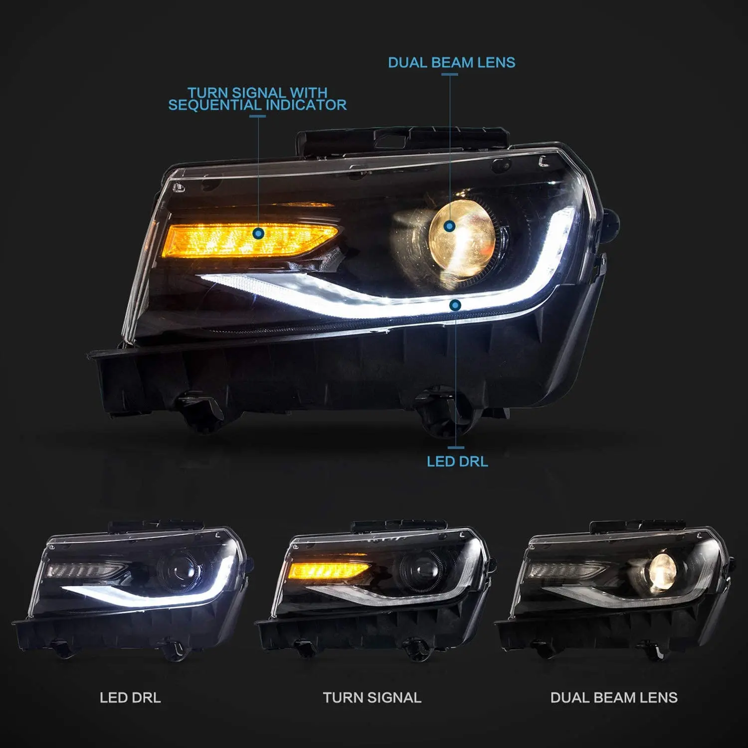 

Sulinso 2pcs LED Projector Headlights Front Lamps For 2014-2015 Chevrolet-Chevy-Camaro