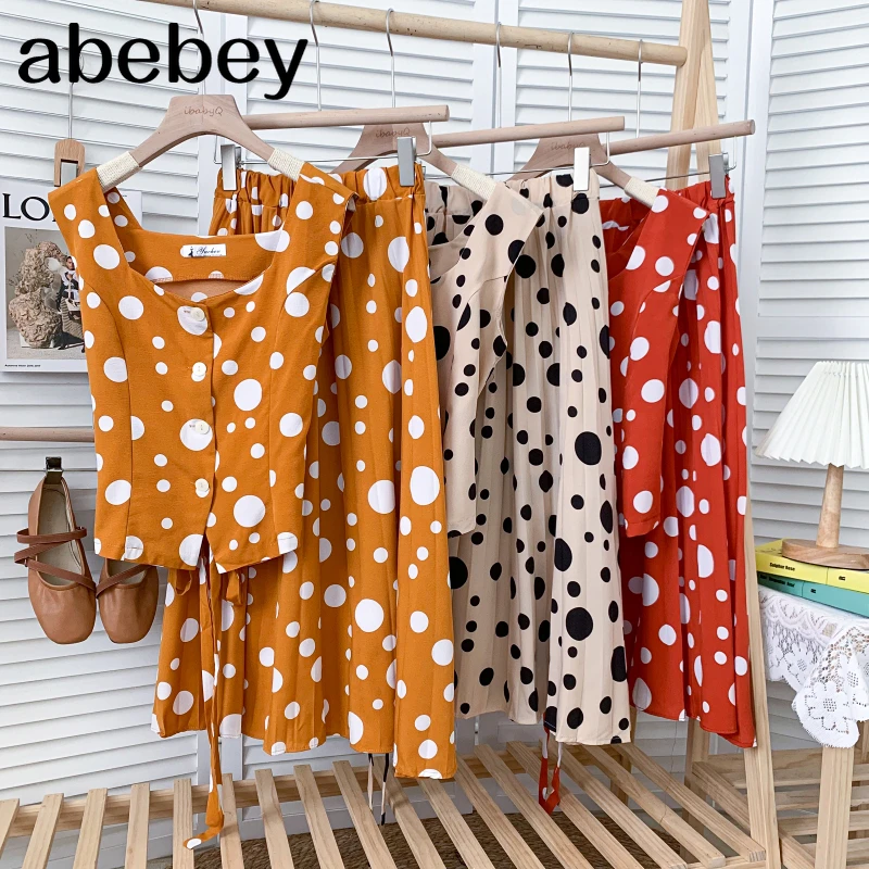 

Комплект из двух предметов, однобортный бандажный Топ без рукавов и плиссированная юбка в горошек с высокой талией, лето 2021 г.