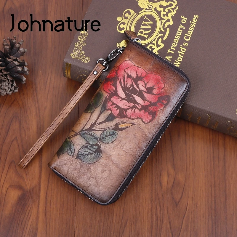 Johnature ретро кожаный бумажник длинный мужской 2021 новый телефон кошелек ручная