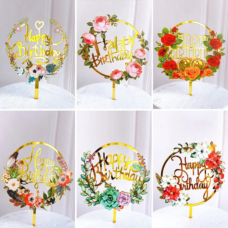 

New Colorful Flowers Gold Acrylic Happy Birthday Cake Topper Birthday Party Dessert Decoration Baby Shower Baking Supplies
