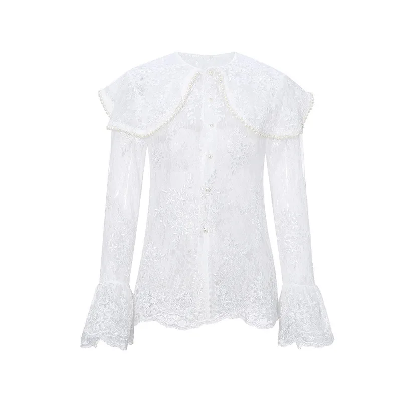 2020 Фирменная Новинка жемчуг Бисер отложным воротником кружевная рубашка с