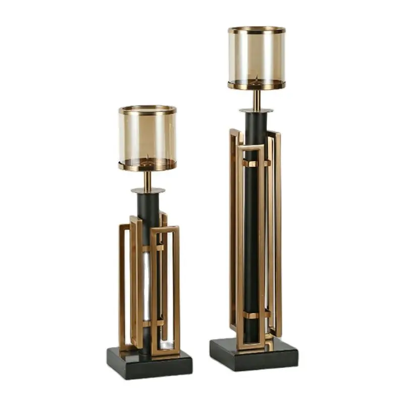 

American Marble Metal Candle Holder Gold Glass Candlestick Windproof Wedding Centerpieces Living Room Home Decoration FC575