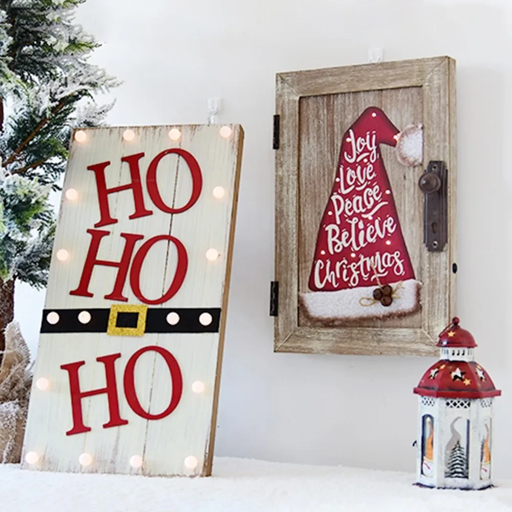 Christmas Door Hanging Plate Board Creative Hat Wall Ornaments Personality Letter Pattern Wooden Lights | Дом и сад