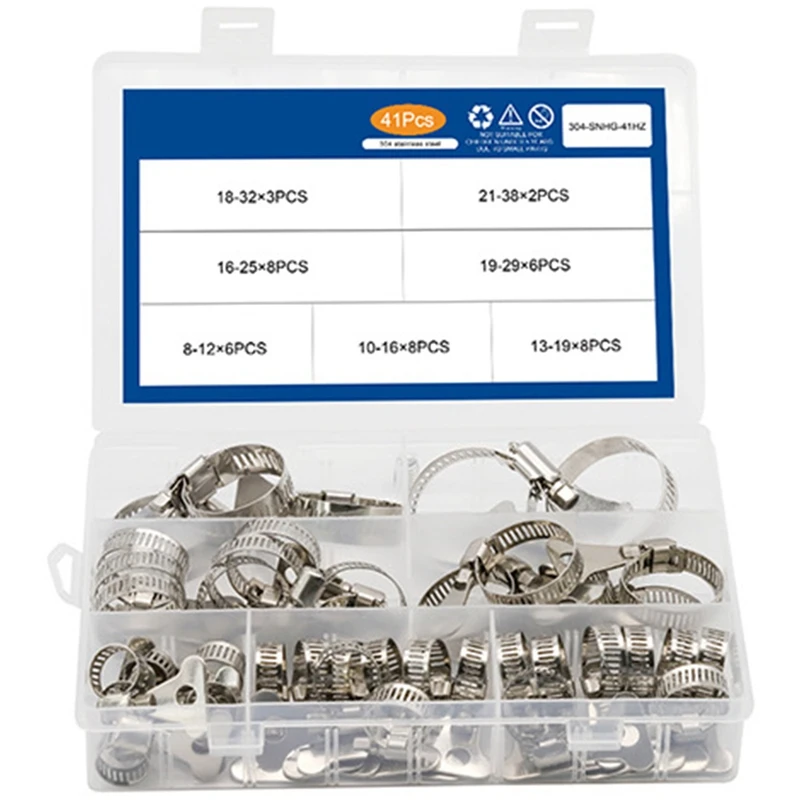 

41Pcs Worm Gear Hose Clamp Adjustable 8-38Mm Key Clamp Hose Clip Set For Water Pipe Plumbing Application