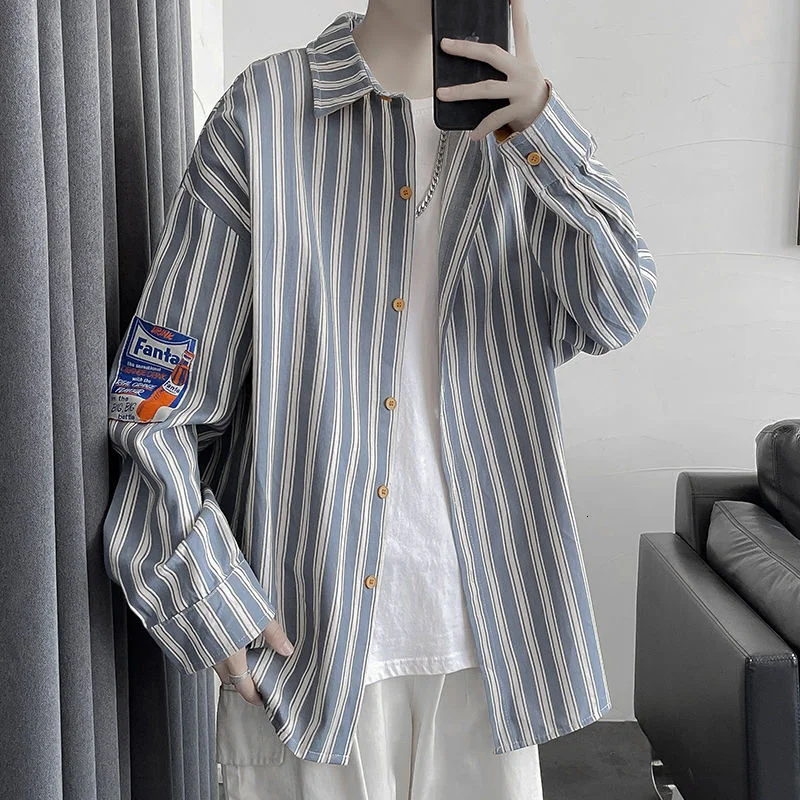 

2021 autumn striped long-sleeved shirt new Korean version loose BF patch thin section mens Recommend Free shipping