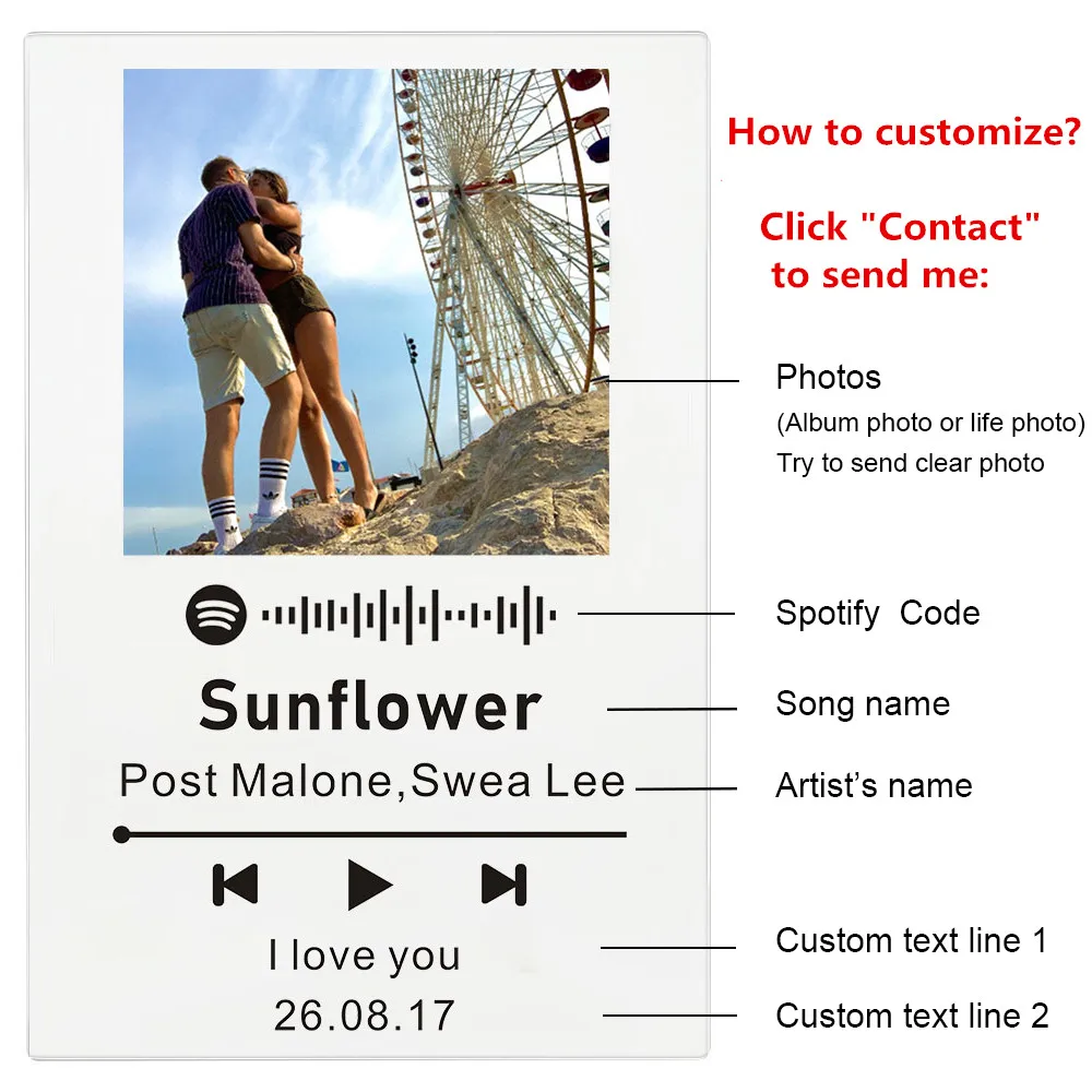 Акриловая доска с подставкой и черным текстом персонализированным кодом Spotify |