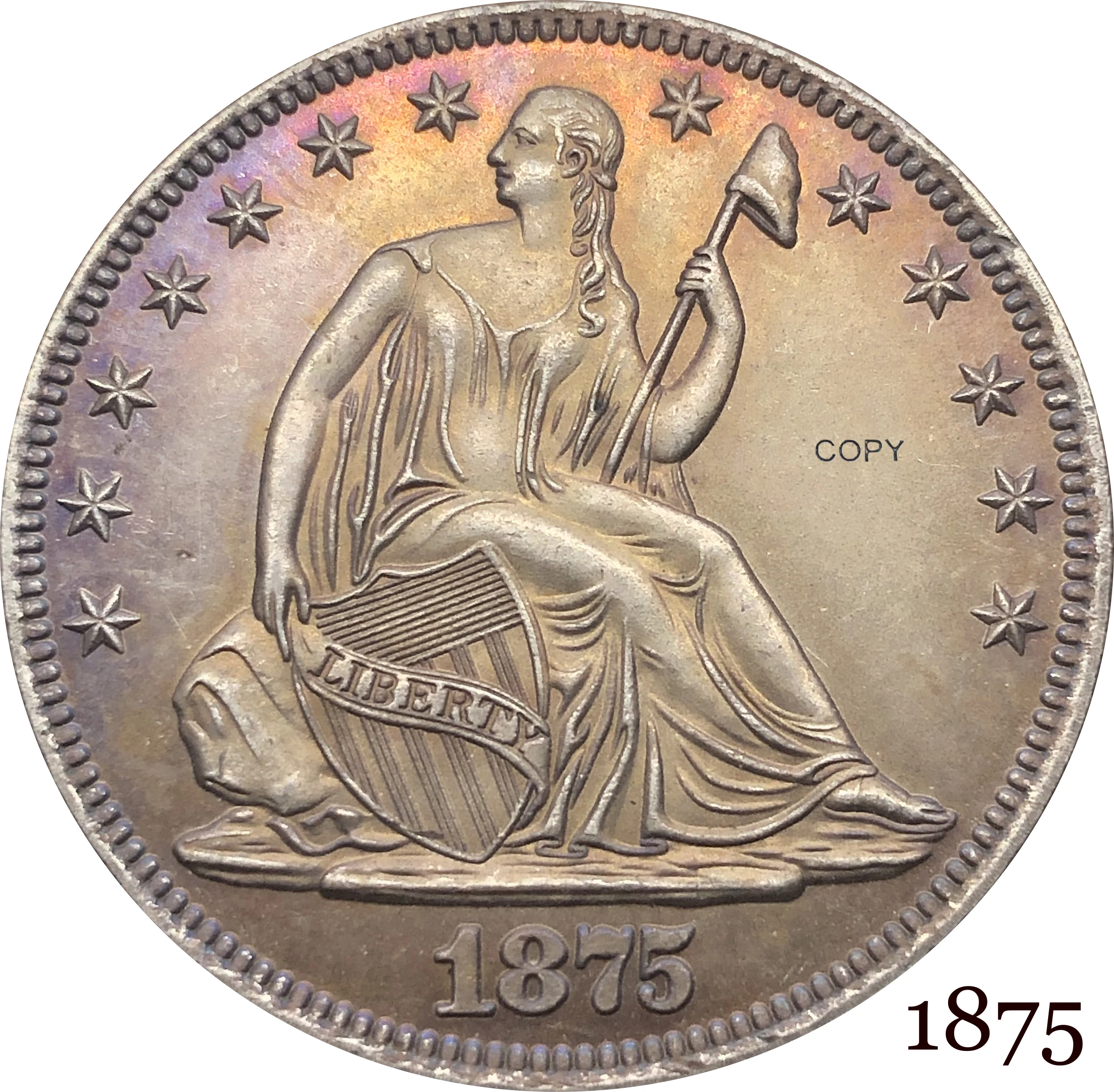 

United States America USA 1875 ½ Dollar Seated Liberty Half Dollar Cupronickel Silver Plated Below Eagle Copy Coin With Motto