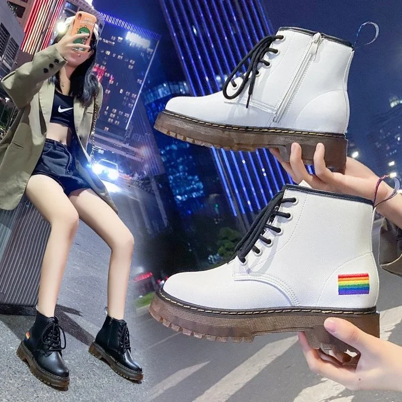 

2021 Women's Shoes NEW Leather Boots For Women Motorcycle Black Boots Women Platform Boots Thick Heel Winter Shoes