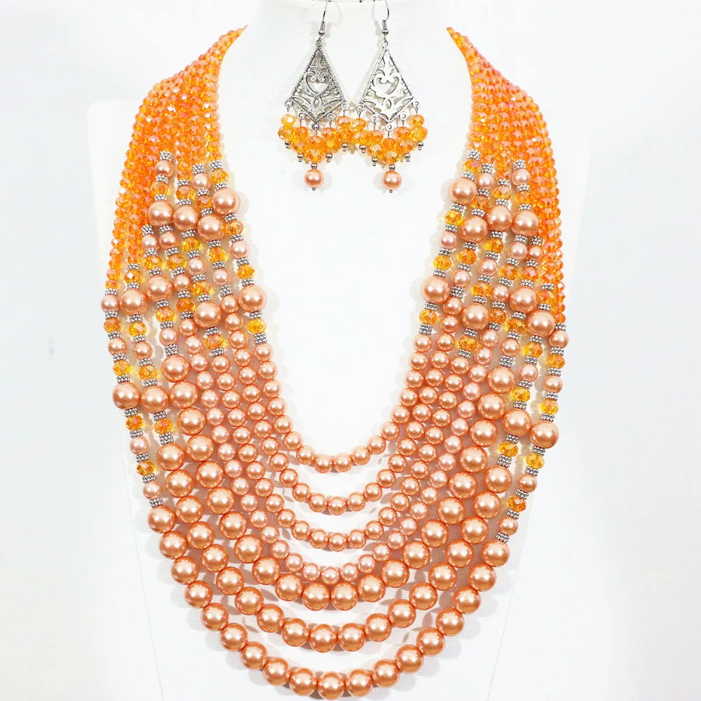 

Ожерелье и серьги в европейском стиле, 7 рядов, ожерелье и серьги в виде апельсинового круглого ракушки с имитацией жемчуга и кристаллами, ко...