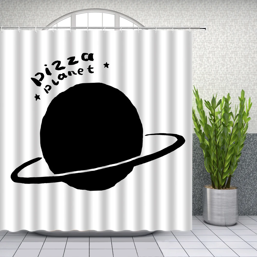 

Science Fiction Themed Shower Curtains Universe pizza planet White background Bathroom Decor Waterproof Cloth Curtain Set Cheap