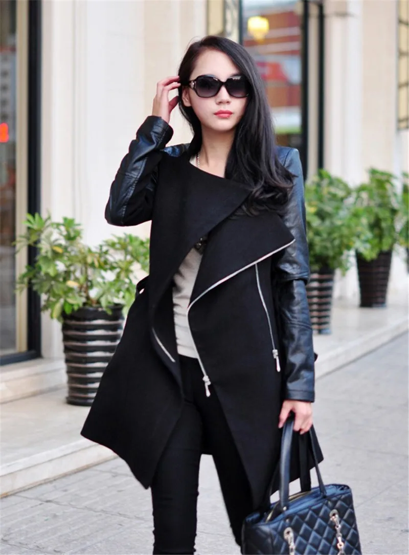 

Coat Patchwork Women's Long Wool Pu Leather Sleeve Jacket Coat Windbreaker Fast Delivery Autumn Winter New Fashion Clothing