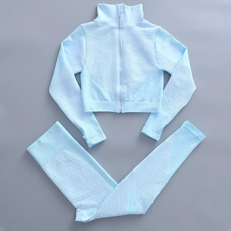Seamless Sportswear Zipper Fitness Tops Gym Leggings Women Yoga Set Long Sleeve Clothes High Wiast Pant Workout Shirt Sport Suit