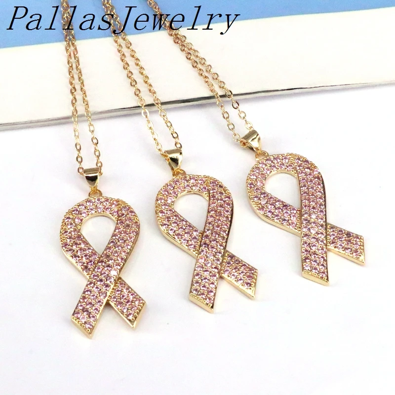 

5Pcs Pink CZ Micro Pave Breast Cancer Awareness Ribbon Pendant/Charm, Cubic Zirconia Necklace Charms
