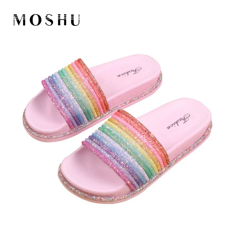 

Rainbow Flat Slippers Women Bling Colorful Summer Shoes Non-slip Soft Outdoor Beach Girls Slides Home Footwear Ladies Sandal