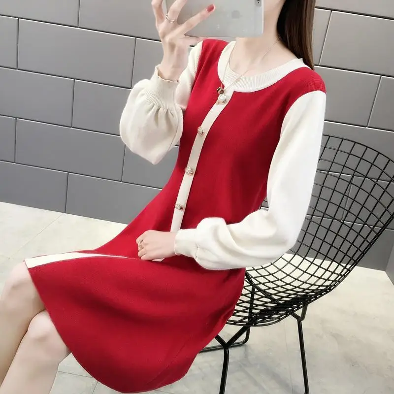 

Женское вязаное платье-свитер с круглым вырезом, длинным рукавом