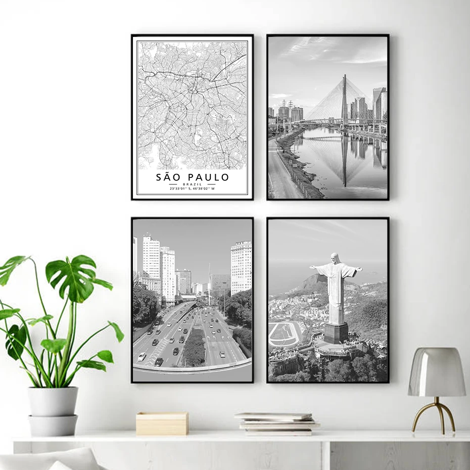 

Wall Art Canvas Paintings Black White Brazil Sao Paulo Map City Scene Christ Statue Poster Print Pictures Living Room Home Decor