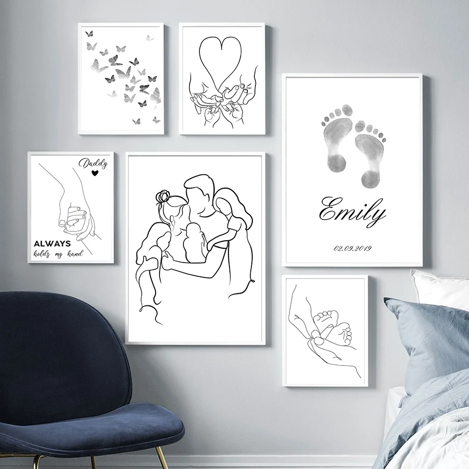 

Family Love Canvas Painting Butterfly Abstract Line Figure Wall Art Black and White Posters and Prints Wall Pictures for Home