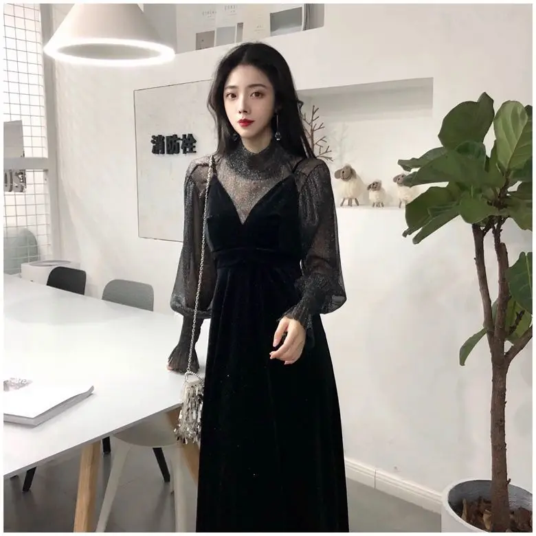

Two-piece sling dress female temperament spring and autumn new chic style loose mesh stitching V-neck long-sleeved suit