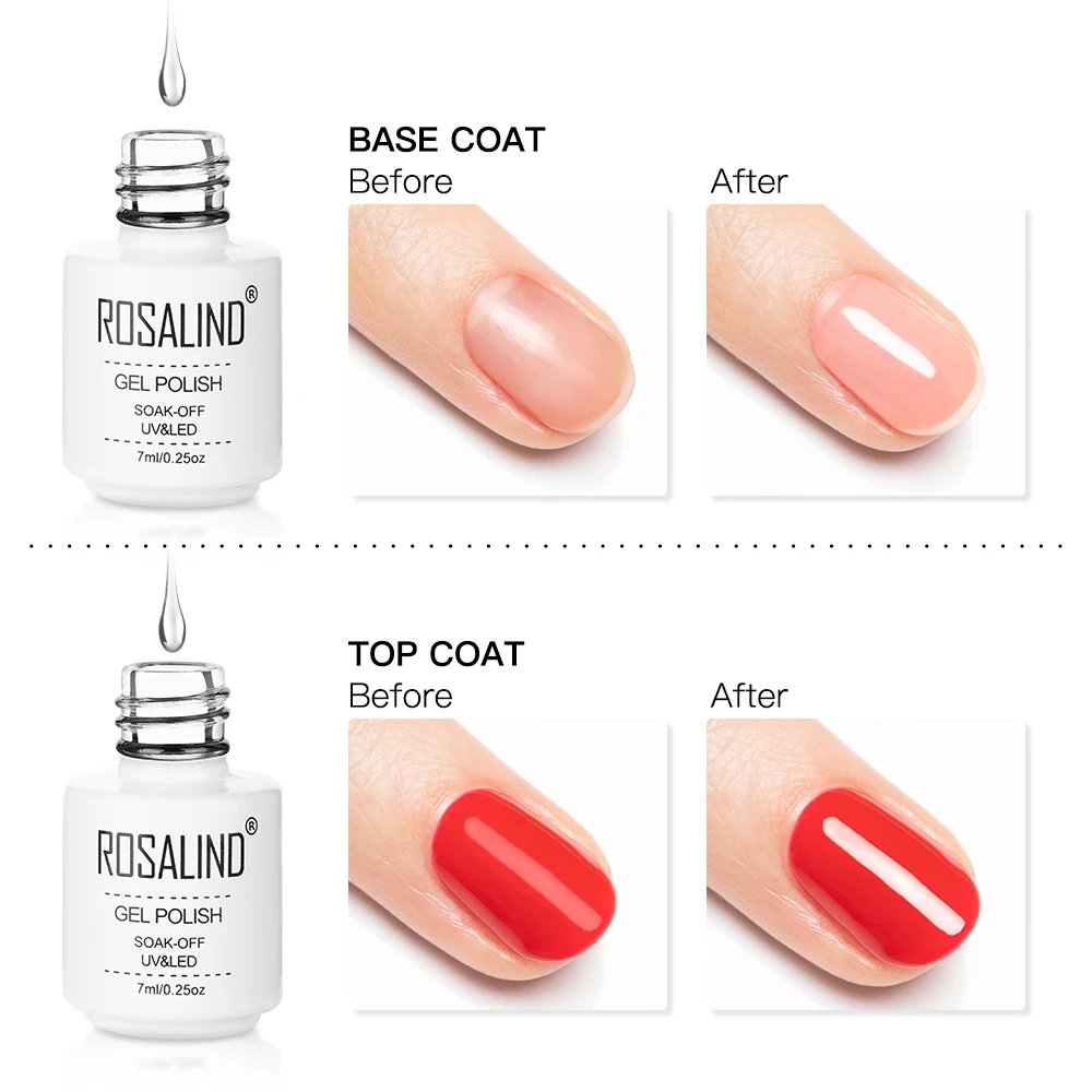 Базовое покрытие и верхнее ROSALIND 7 мл набор гель лаков для ногтей отмачиваемый