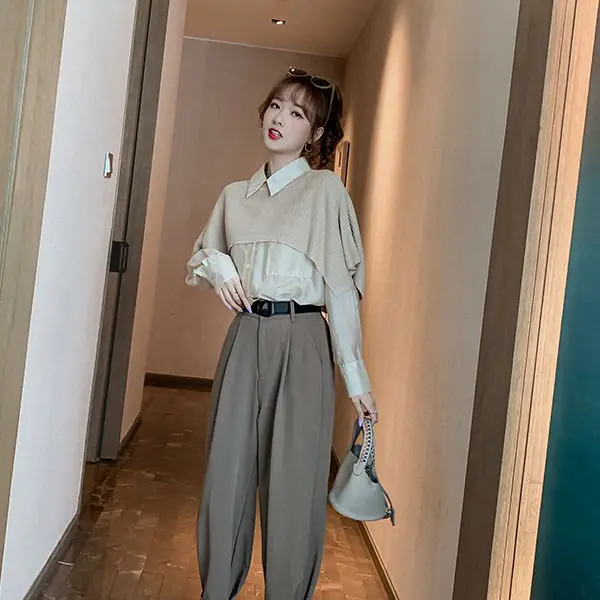 

Women 2021 Spring Fashion Three-piece Sets Female Solid Color Shirt and Knitted Shawl Ladies Solid Color Casual Pants Suits K131