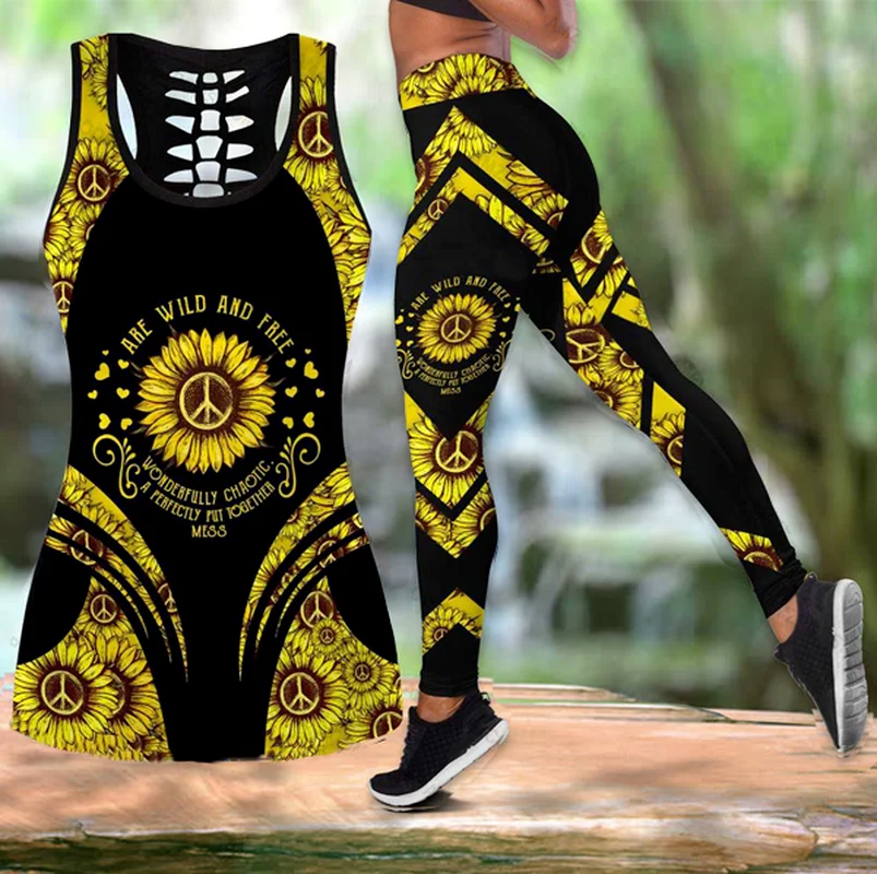 

Yoga Set Women Sunflower Print Hollow-out Tank Tops and Skinny Leggings Yoga Set Running Fitness Gym Workout Sport Suits