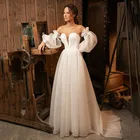 Женское свадебное платье из органзы, недорогое пляжное ТРАПЕЦИЕВИДНОЕ ПЛАТЬЕ со съемными пышными рукавами, индивидуальный пошив