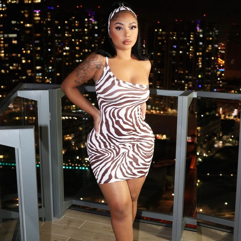 

2021 New Spring Summer Spaghetti Strap For Women Show Waist Zebra Pattern Backless Chic Slash Neck Buttocks Dress