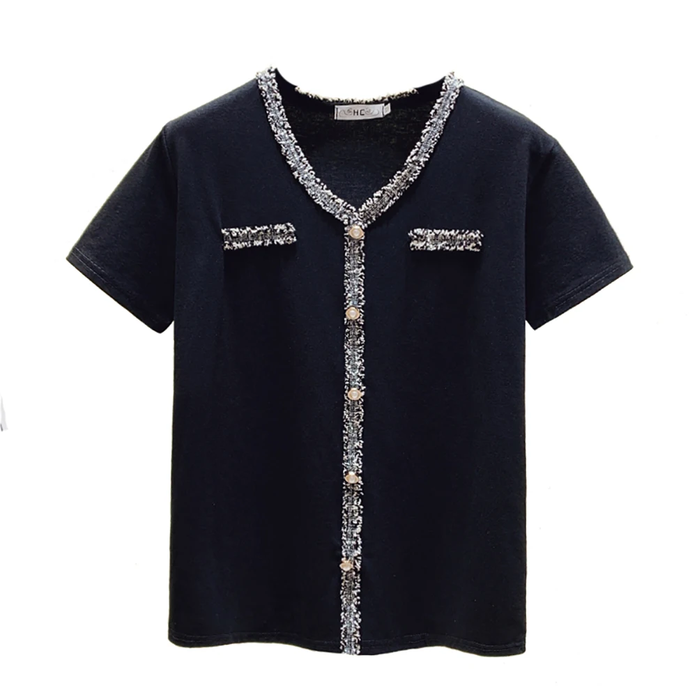 

Patchwork Pearl Button Short Sleeve Cotton T Shirt Woman Loose Baggy XL-4XL Large Plus Size Tops Summer Clothes For Women