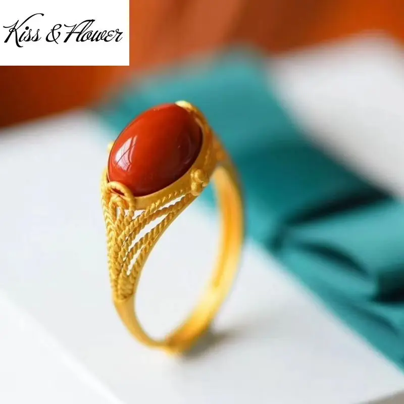 

KISS&FLOWER RI121 Fine Jewelry Wholesale Fashion Woman Girl Birthday Wedding Gift Vintage Oval Jade 24KT Gold Resizable Ring