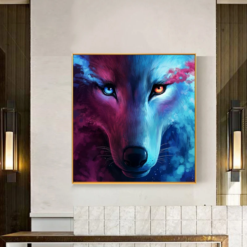 Постер с животными на холсте красочные красные и синие волки прикроватная
