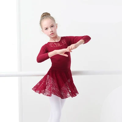 Burgundy Long Sleeve Балетное платье для девочек, гимнастические купальники, кружевные юбки, трико с длинными рукавами, гимнастический купальник для малышей, для танцев - Цвет: Burgundy Long Sleeve