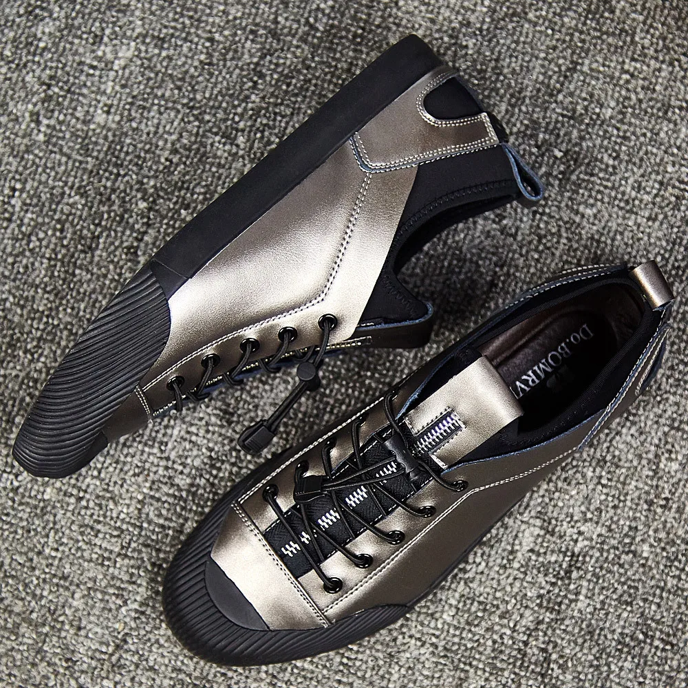 New Men's Leather Casual Shoes Men's British Style Designer Shoes Elastic Band Moccasins Men Loafers Sneakers Black Silver