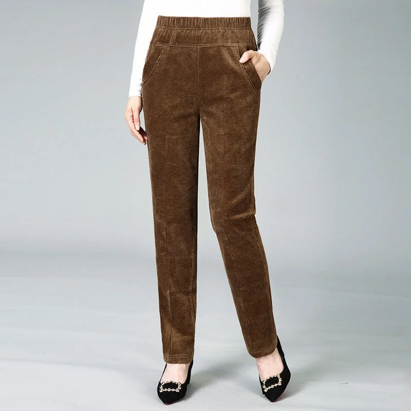 

Plus Size Autumn Corduroy Pants Women Casual Solid High Elastic Thick Warm Straight Pants Pantalon Female Long Trousers Y431