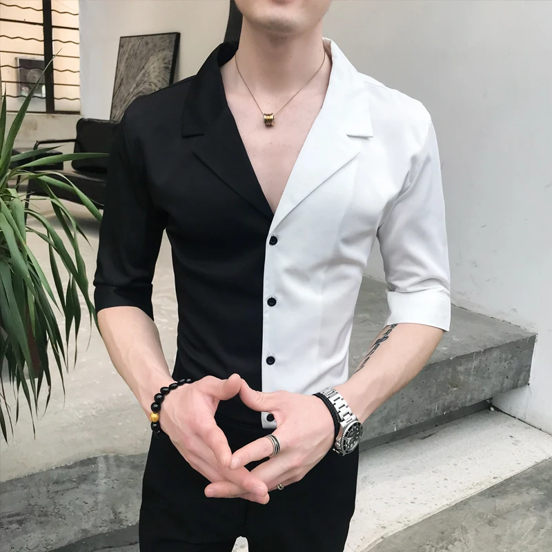 Рубашка мужская с рукавом до локтя повседневная приталенная универсальная в