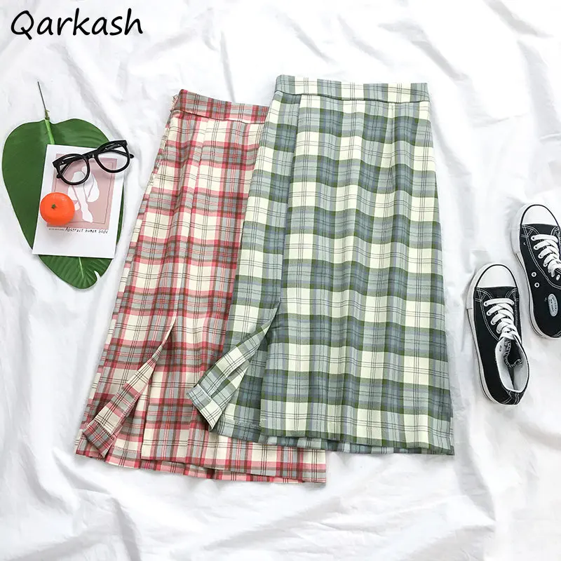 

Women A-line Plaid Skirts Preppy Side-split Mid-calf Slim Skirt Students Leisure Retro Daily Ulzzang Elegant Sweet Teens Outwear