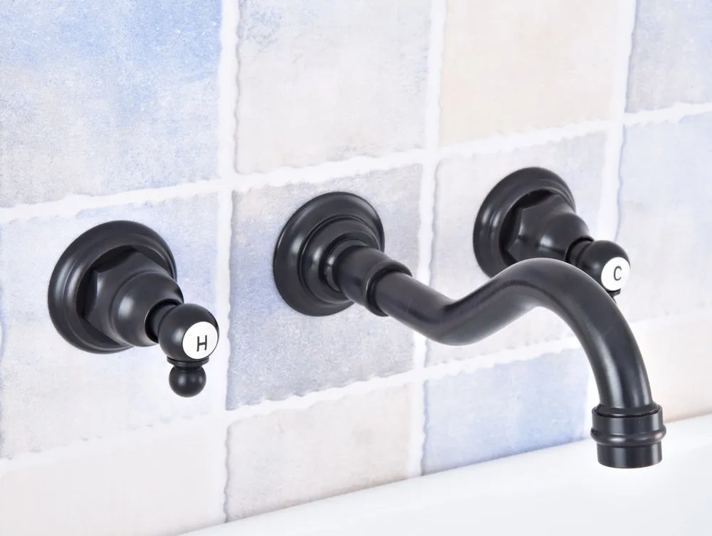 

Black Oil Rubbed Bronze Bathroom Vanity Sink 3-Hole Widespread Faucet Wall Mounted Dual Handles Wsf498