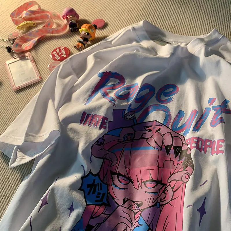 

vintage y2k Kawaii anime print short-sleeved Casual T-shirt female gothic Harajuku graphic printed summer loose punk streetwear