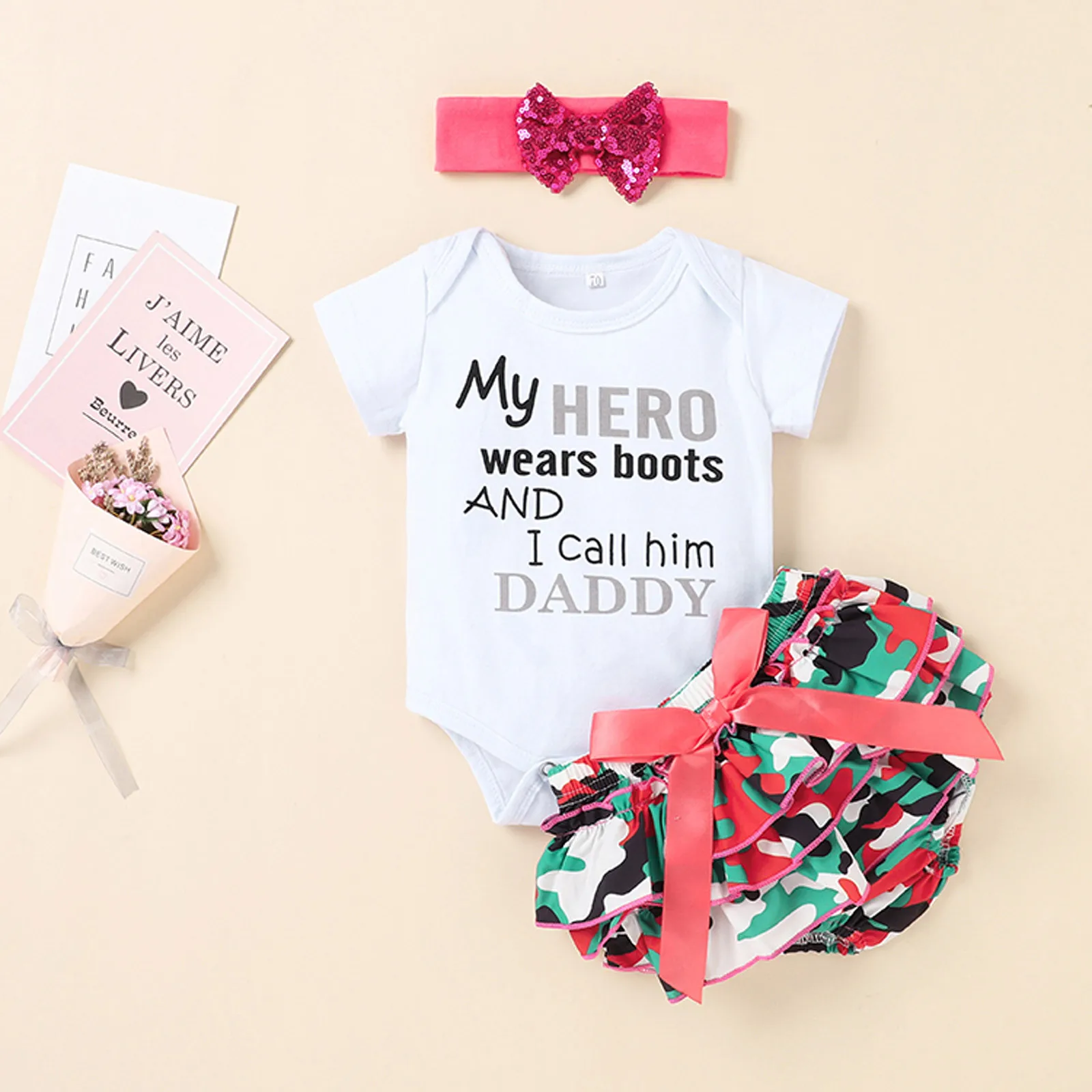 

3PCS Sets Newborn Baby Girls Summer Clothes 2022 Short Sleeve Letter Print Bodysuit+Shorts+Headband Girl Infant Outfits 0-18M