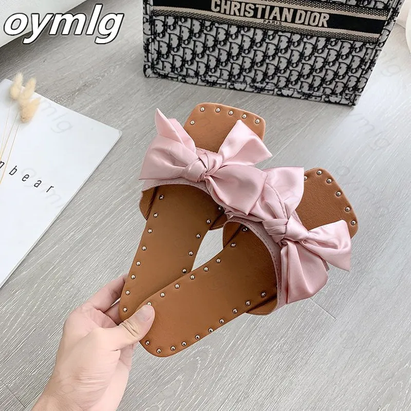 

Summer Women Bowtie Slippers Women's Silk Flat Woman Rivet Ladies Open Toe Slides New Female Non Slip Elegant Shoes Plus Size 43