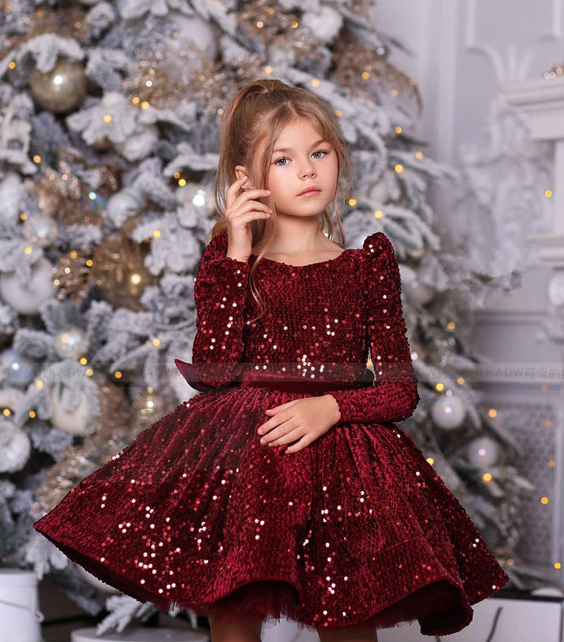 Delicate Burgundy Flower Girl Dress Long Sleeves Round Neck Sequin Clip Tulle Princess Party Birthday First Communion Dresses