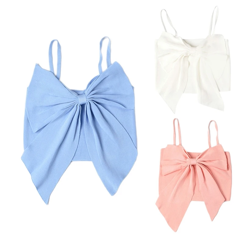 

Women Spaghetti Strap Knitted Camisole Sweet Big Bow Knot Front Slim Crop Top Kawaii Solid Color Basic Sling Vest Shirt