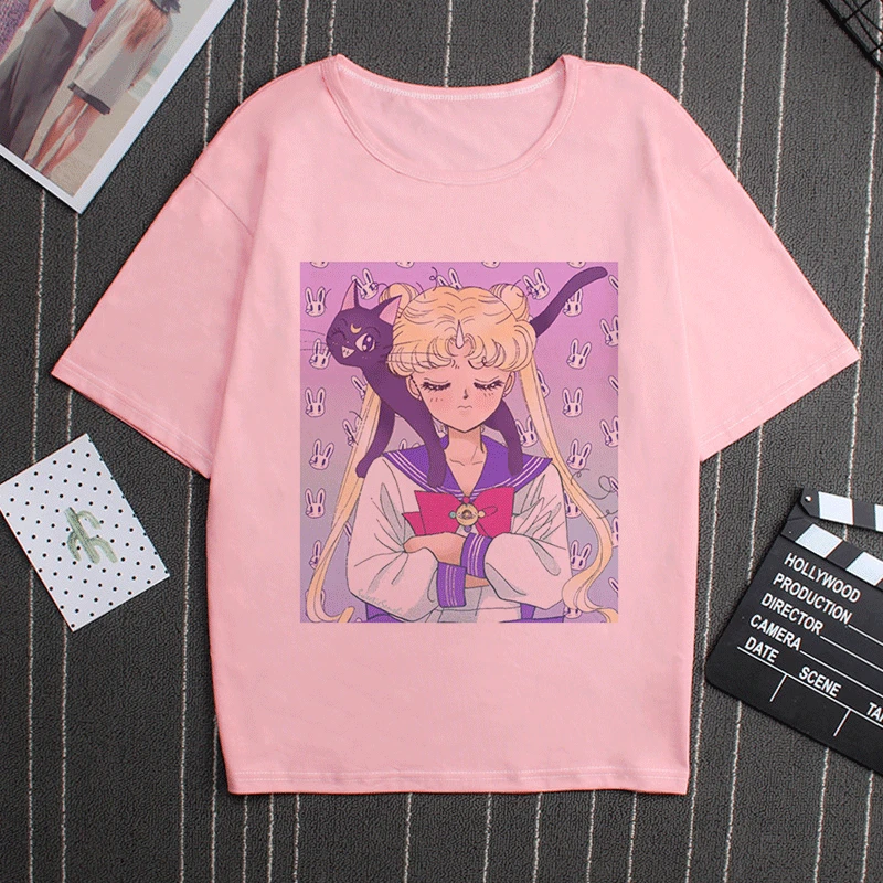 Sailor Moon 90s Funny Pink T Shirt Harajuku Clothes Tshirt Aesthetic Cat Anime Vogue T-shirt Kawaii Graphic Tees Ullzang Women