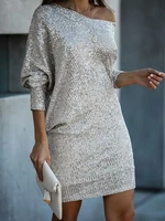 rocwickline new summer and autumn womens dress sexy club solid asymmetrical one shoulder sequined pencil slim elegant dress