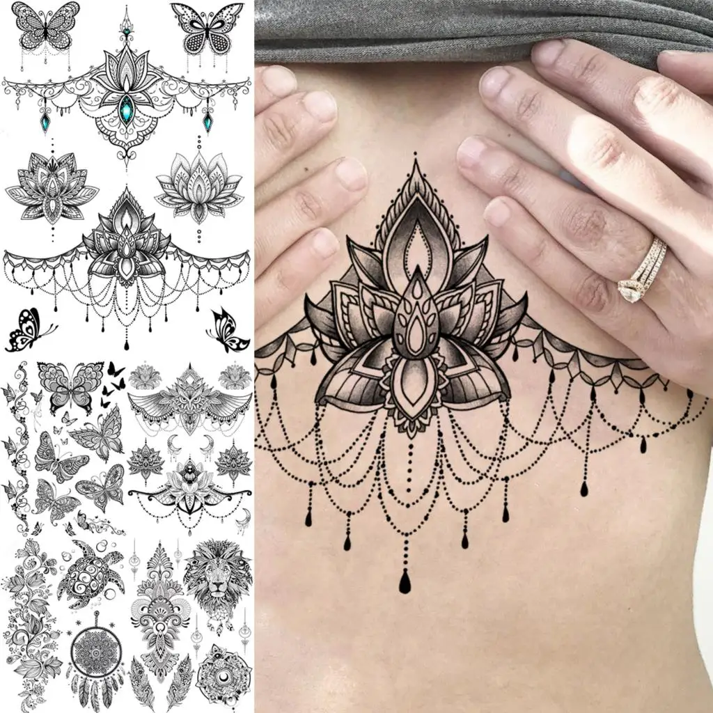 Лотоса серьги Henna Mandala грудь Временные татуировки для Для женщин обнаженной груди