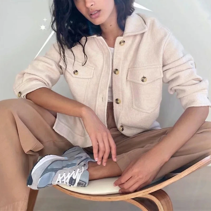 

Nice Casual Woman Beige Loose Knitted Fleece Shirt Coat New Spring Fashion Ladies Oversized Outwear Female Oversized Jackets