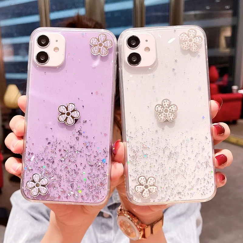 

Gradient Flashing Diamond Flowers Phone Case For Xiaomi Redmi Note 10 10T 9 9T 8 8T 10S 9S Pro Transparent Tpu Bumper Soft Cover